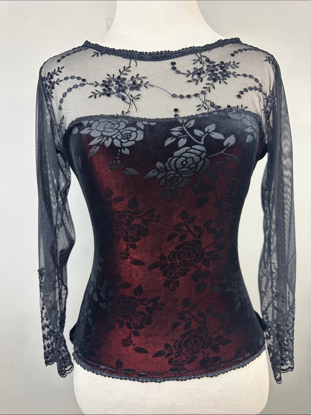 Whimsigoth Vampy Dark Romantic Floral Red Black Velvet Floral Sheer Mesh Top